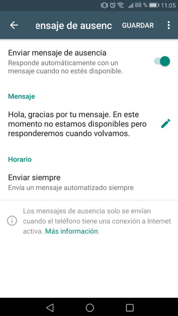 Mensaje de ausencia en WhatsApp Business