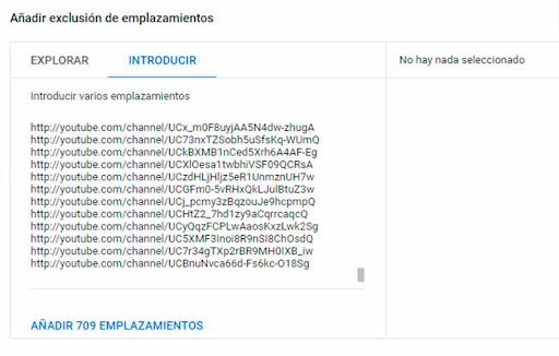 Como añadir todos los emplazamientos a excluir de forma masiva